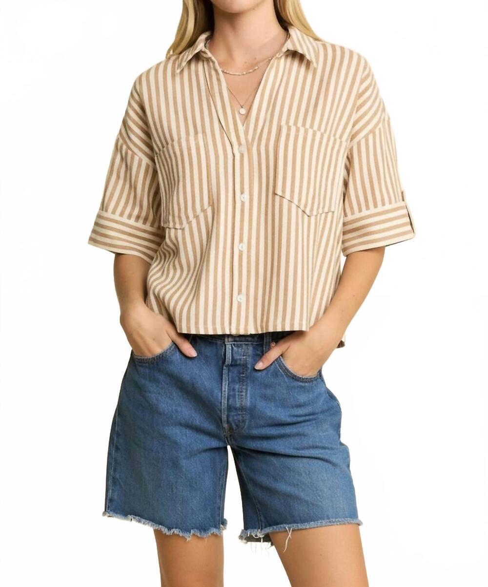 NEW JADE BY JANE stripe collar short sleeve shirt in latte